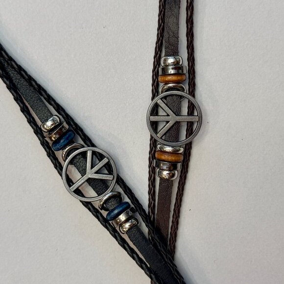 Boho Peace Sign Faux Leather Bracelet – 8” Blue and Black #1482 - Picture 5 of 10